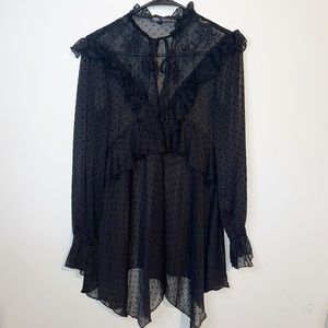 Zara Sheer Mesh Lace Polka Dot Draped Black Long Sleeve Ruffle Shirt XS Small